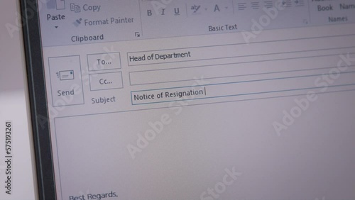 Great resignation talent workforce leave toxic workplace find change new job. Close-up laptop screen write resign e-mail to HR fail loss in career crisis issue. Quiet quitting mail work end letter.