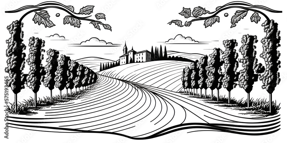 Obraz premium Vineyard with rows of grape vines and house. simple line drawing illustration style. Generative ai