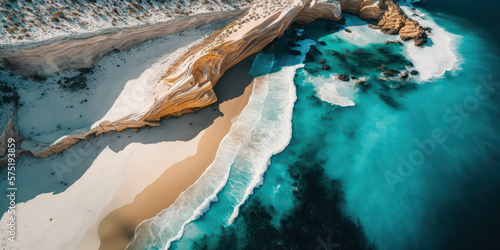 Aerial view of  sarakiniko beach concept, Greece shores and island, rock formations and cliffs, generative ai photo