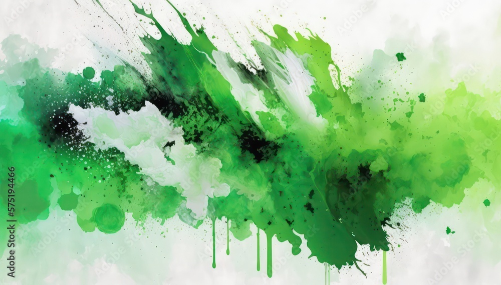 Fototapeta premium Green and white watercolor wallpaper. Bright abstract watercolor background. Green and black paint on white paper. Generative AI art.