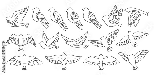 Bird with abstract graphic ornaments doodle set. Hand drawn flat linear modern trendy fowl or sparrow  dove pigeon illustration. Cute various contour birds comic simple songbird vector element