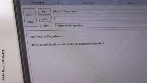Great resignation talent workforce leave toxic workplace find change new job. Close-up laptop screen write resign e-mail to HR fail loss in career crisis issue. Quiet quitting mail work end letter.