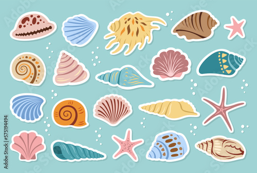 Sea shell scrapbook sticker for diary cartoon set. Ocean exotic underwater sink seashell conch aquatic mollusk, sea spiral snail, marine starfish collection. Tropical beach shells flat design label