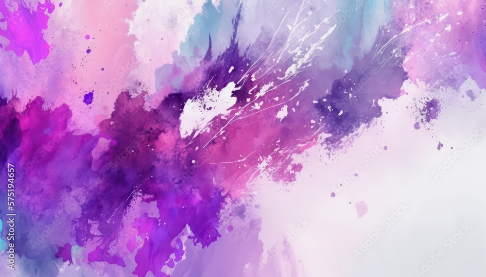 Abstract watercolor background. Violet and white paint splatters. Bright chaotic mono color illustration. Purple and white watercolor wallpaper. Generative AI art.