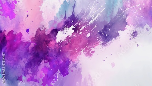 Abstract watercolor background. Violet and white paint splatters. Bright chaotic mono color illustration. Purple and white watercolor wallpaper. Generative AI art.