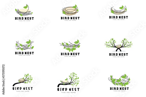 Bird's Nest Logo Design, Bird House Vector For Eggs, Bird Tree Logo Illustration