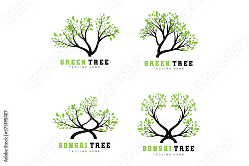 Green Tree Logo Design, Bonsai Tree Logo Illustration, Leaf And Wood Vector