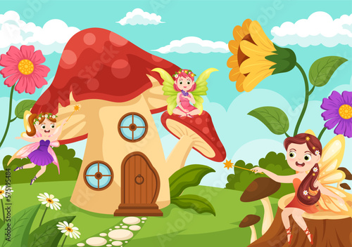 Fototapeta Naklejka Na Ścianę i Meble -  Beautiful Flying Fairy Illustration with Elf, Landscape Tree and Green Grass in Flat Cartoon Hand Drawn for Web Banner or Landing Page Templates