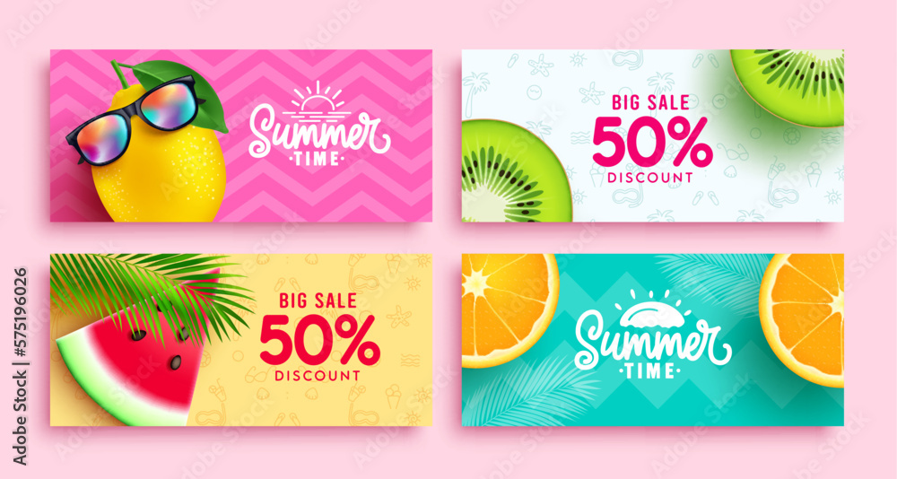 Summer sale vector banner set design. Summer sale text discount tags collection layout. Vector illustration flyers and brochure promo ads background.  - obrazy, fototapety, plakaty 