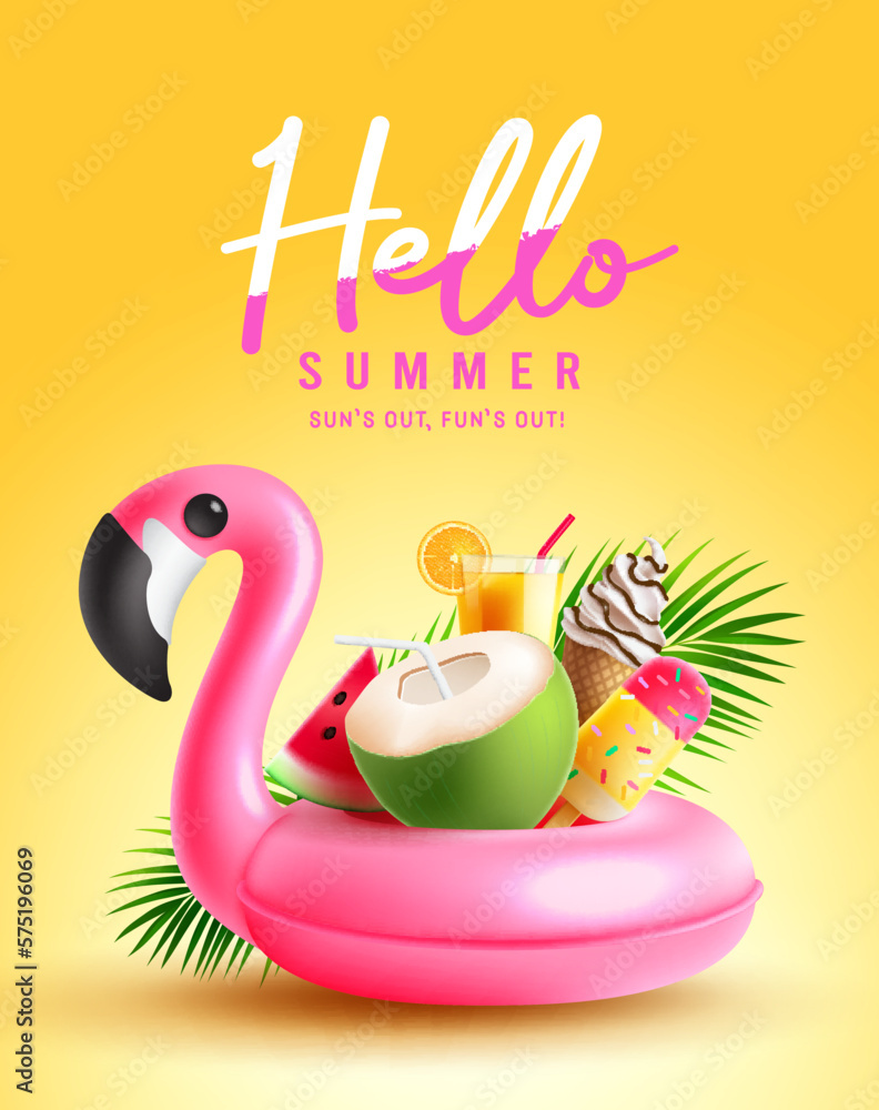 Summer hello vector poster design. Hello summer text with flamingo floater and colorful beach elements. Vector illustration tropical seasonal background.  - obrazy, fototapety, plakaty 