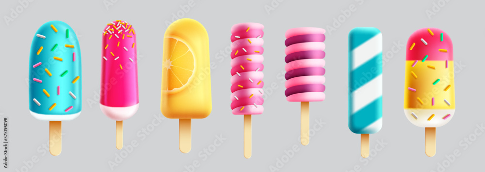 Summer ice pop vector set. Summer popsicle refreshments and ice cream sweet desserts. Vector illustration isolated elements background. - obrazy, fototapety, plakaty 