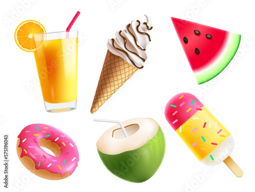 Summer food elements vector set design. Summer tropical foods like doughnut, popsicle, ice cream and seasonal juice. Vector illustration isolated in white elements collection. 