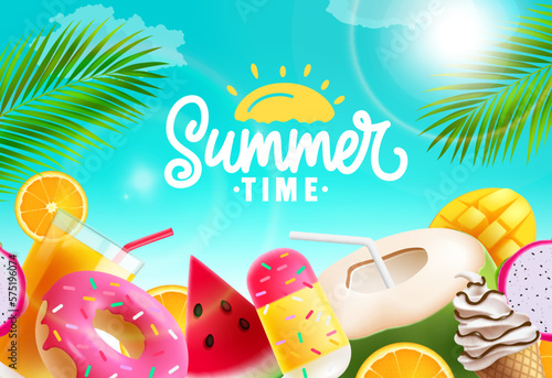 Summer time vector design background. Summer time text in empty space with tropical season food and drinks elements. Vector illustration seasonal greeting background. 