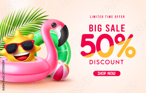 Summer sale vector banner design. Summer big sale text limited time offer with 50% discount in empty space. Vector illustration promotion advertisement background. 
