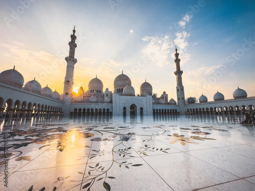 The Sheikh Zayed Grand Mosque during sunset, in Abu Dhabi, United Arab Emirates