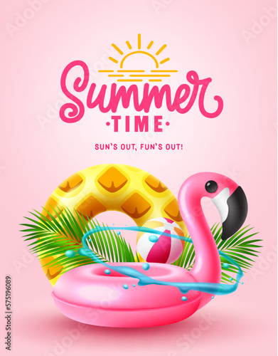 Summer time vector poster design. Summer time text with flamingo and pineapple floaters beach swimming elements. Vector illustration tropical season greeting card background. 