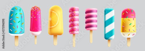 Summer ice pop vector set. Summer popsicle refreshments and ice cream sweet desserts. Vector illustration isolated elements background.