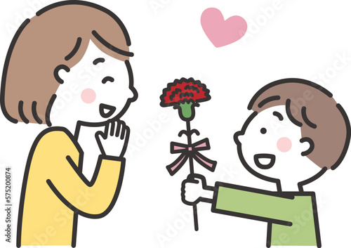 カーネーションをお母さんに渡す男の子　母の日のイラスト　横向き