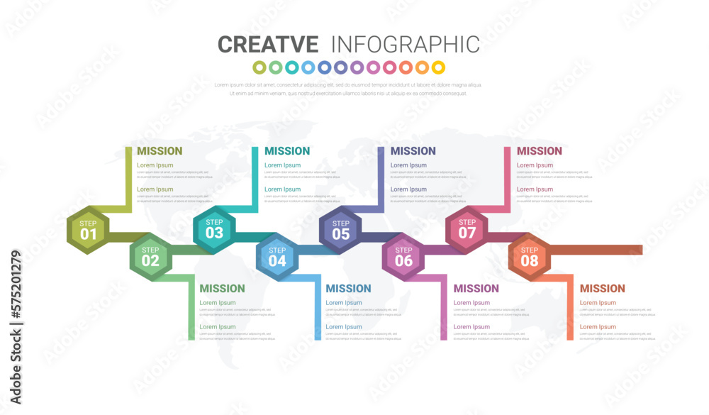 Abstract business rounded infographic template with 8 options. Colorful diagram, timeline.
