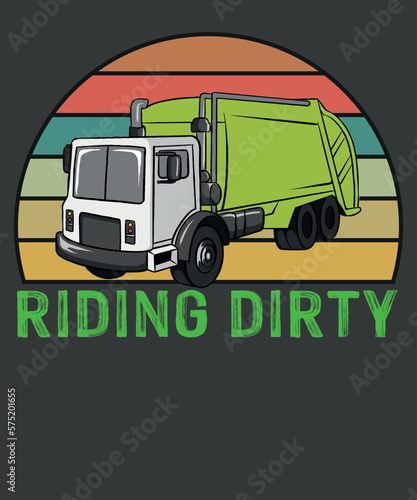 Riding dirty Retro Vintage Sunset Recycling Trash  Garbage Trucks T-Shirt design vector, Vintage, Sunset, Recycling, Trash, Garbage truck, vector