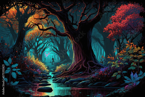 Magical forest with big trees, generative AI, wallpaper