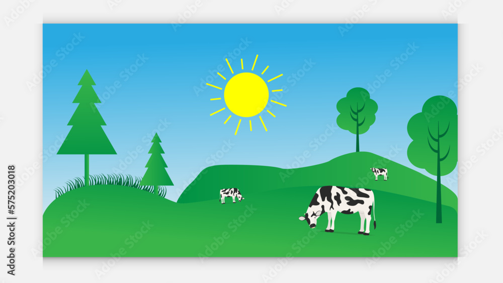 Green landscape. Freehand drawn cartoon outdoors style.beef milk cow in farm in wild nature with mountain, fields, trees. wild nature with mountain .