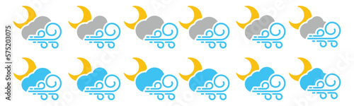 Windy night weather icon set. Strong wind night weather icon. Cloud, moon, and wind symbol in colors for apps and websites, vector illustration