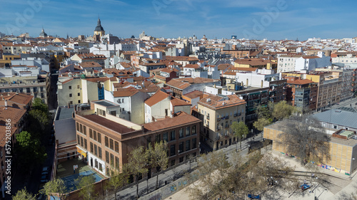 Madrid, Spain. April 17, 2022: Landscape with architecture and blue sky in the city.