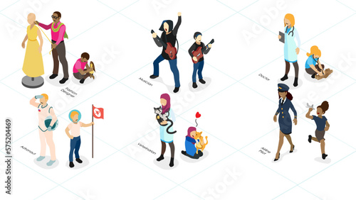 Isometric Art showing Kids growing up to become their dream jobs