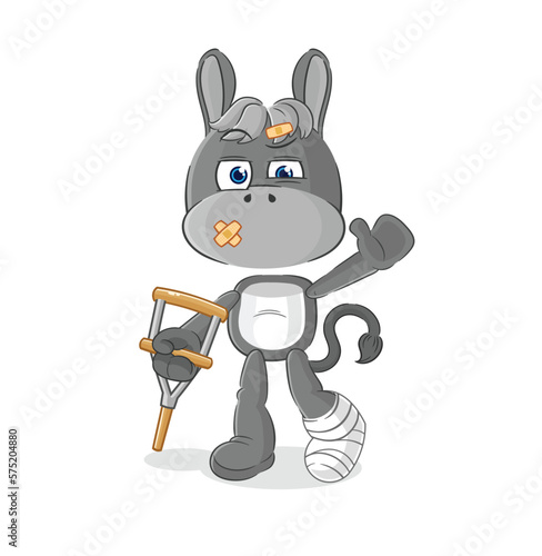 donkey sick with limping stick. cartoon mascot vector