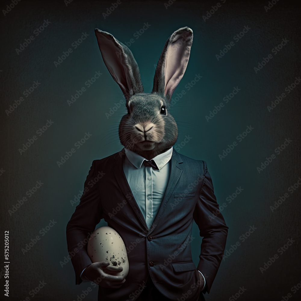 Digital surrealist illustration of a rabbit head mixing on body man ...