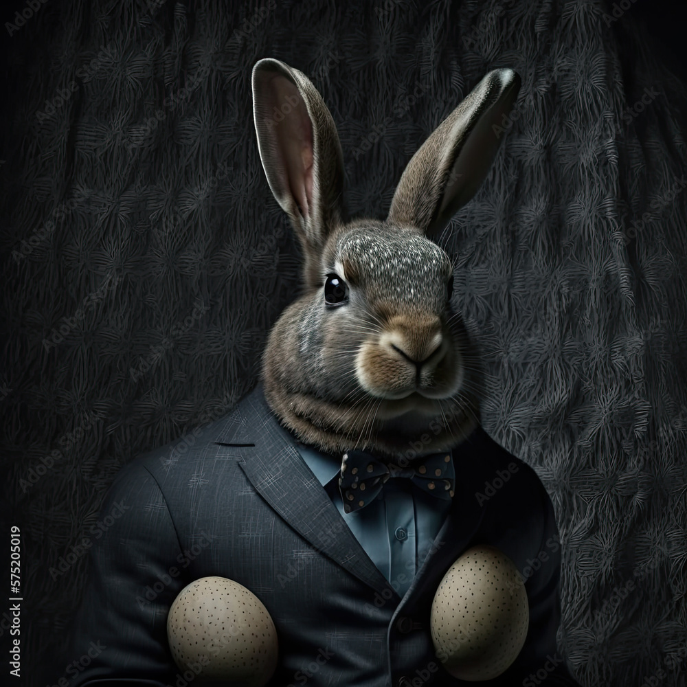 Digital surrealist illustration of a rabbit head mixing on body man ...