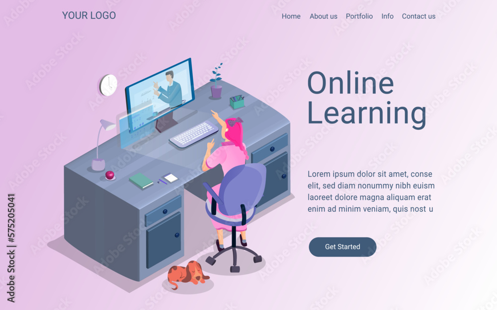 Fototapeta premium Modern Web and mobile graphic vector illustration of child is studying at home and sitting on chair at table using online education media with digital learning objects