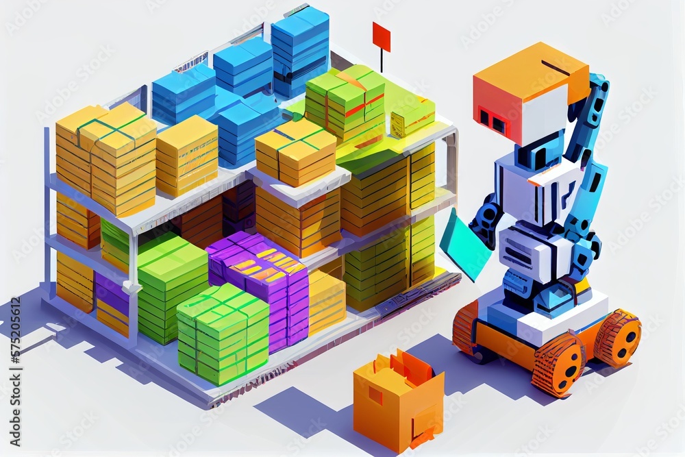 Generative AI technology. Artificial intelligence for industrial revolution and automation manufacturing proces concept. Innovative industry robot working in warehouse for human labor replacement. Generative AI technology. Artificial intelligence for industrial revolution and automation manufacturing proces concept. Innovative industry robot working in warehouse for human labor replacement.