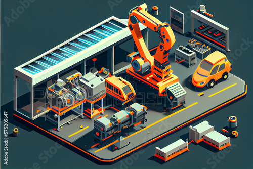 Car Factory Concept. Automated Robot Arm Assembly Line Manufacturing Advanced High-Tech Green Energy Electric Vehicles. Generative AI technology photo