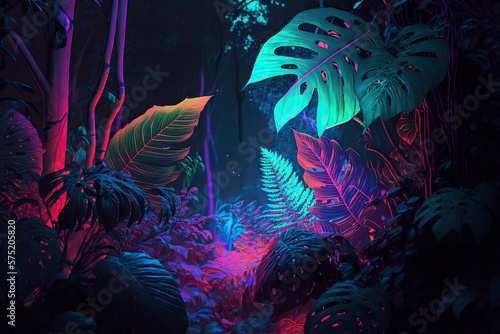 Fototapeta Naklejka Na Ścianę i Meble -  Jungle in neon colors. Generative AI.