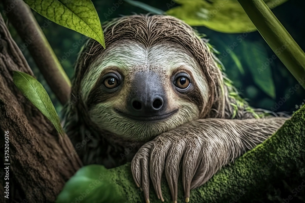 Fototapeta premium A cute sloth is hanging on a branch. Generative AI.