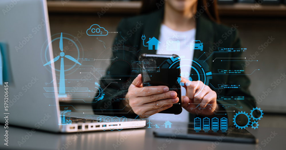 Fototapeta premium Business working with reduce CO2 concept with icons, global warming such as reforest green factory recycle and zero carbon dioxide emission concept. with VR icon at office..