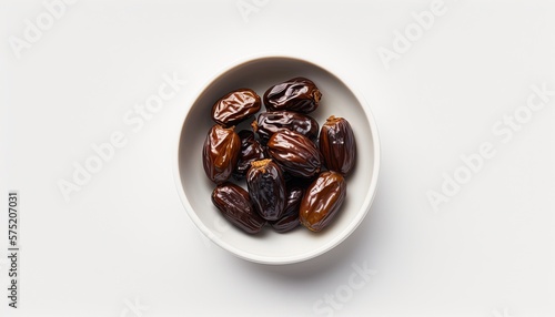 A potrait of pile dates on a bowl in a large plain on top view in white background, closed up food photoshoot by ai generative photo