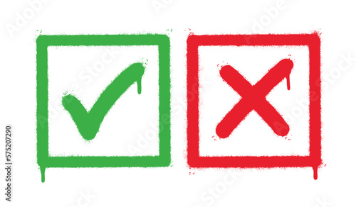 Spray Painted Graffiti Green tick check mark and cross mark icon Sprayed isolated with a white background. graffiti symbols YES and NO with over spray in black over white.