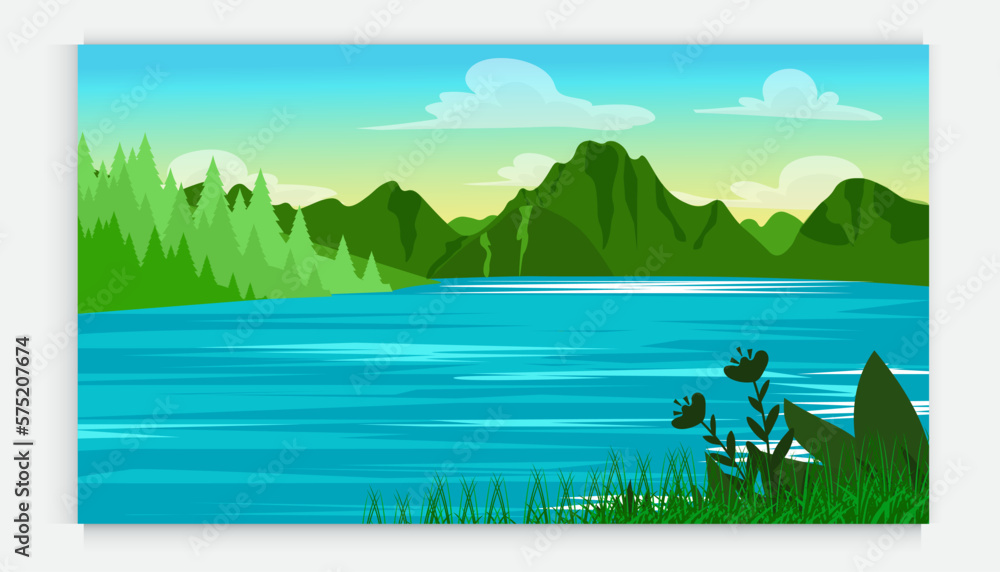 Fototapeta premium Nature scene with trees , blue sky ,hill, river. A beautiful lake landscape. Flat vector countryside cartoon style illustration of nature landscape with trees and mountain above river.
