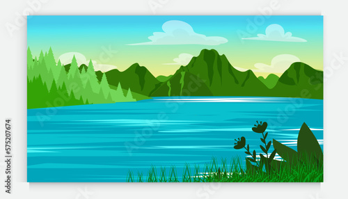 Nature scene with trees , blue sky ,hill, river. A beautiful lake landscape. Flat vector countryside cartoon style illustration of nature landscape with trees and mountain above river.