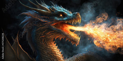Blue dragon breathing fire. Mythology creature. Dark fantasy illustration. Generative AI
