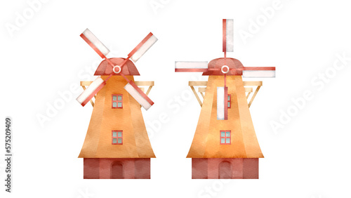茶色いオランダの風車。水彩風イラスト。 Brown color windmills in the Netherlands. Watercolor style illustration.