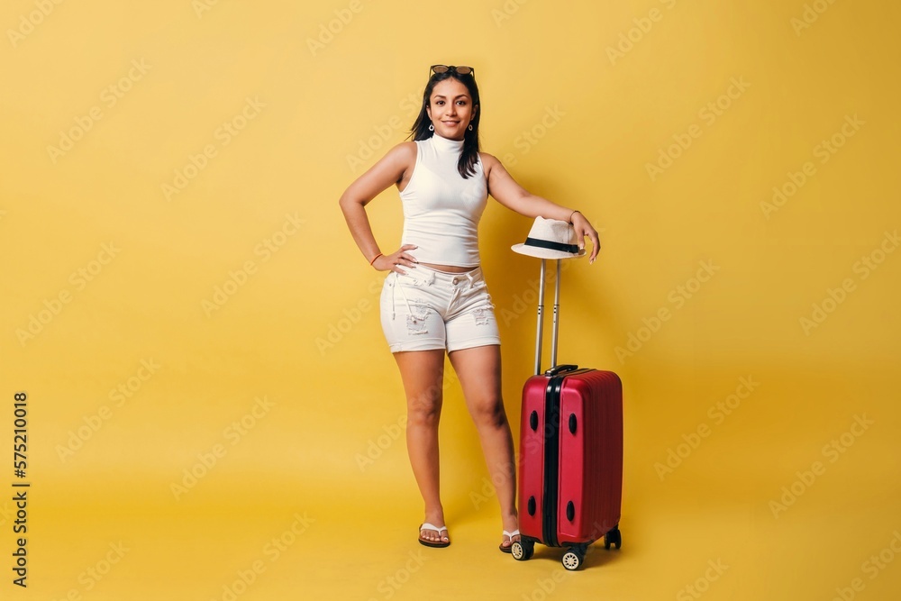 young traveler woman tourist waiting. Traveler with suitcase look at camera. young traveler woman tourist waiting. Traveler with suitcase look at camera.