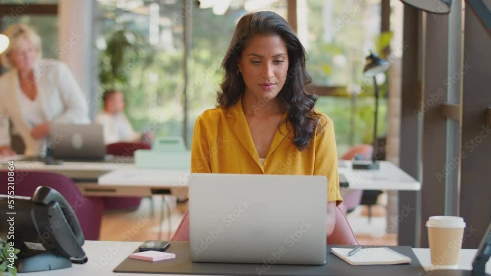 Mature businesswoman working on laptop at desk in modern office pauses to look out of the window and smile - shot in slow motion Mature businesswoman working on laptop at desk in modern office pauses to look out of the window and smile - shot in slow motion
