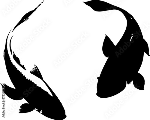 Two fish black silhouette. Isolated element. Black shape on white transparent background. Plotter laser cutting file. Chinese or Japanese painting with strokes of black paint. Vector Illustration.