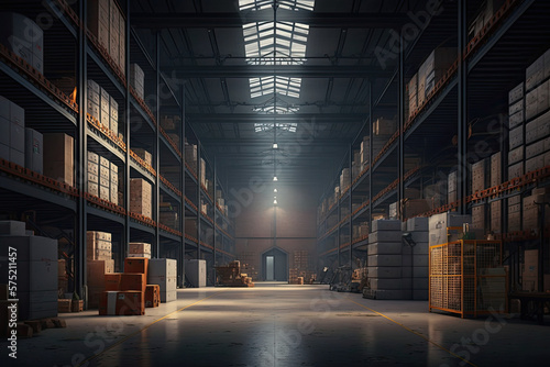 Spacious, fully stocked warehouse with nobody inside, large interior with lots of windows and natural lights, boxes of inventory, depicting supply chain