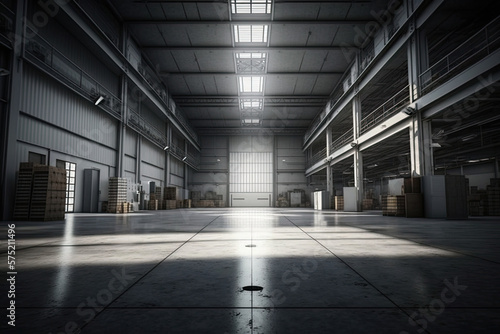 Spacious, fully stocked warehouse with nobody inside, large interior with lots of windows and natural lights, boxes of inventory, depicting supply chain © Bernice