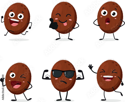 Set of cute cartoon Coconut fruit character 